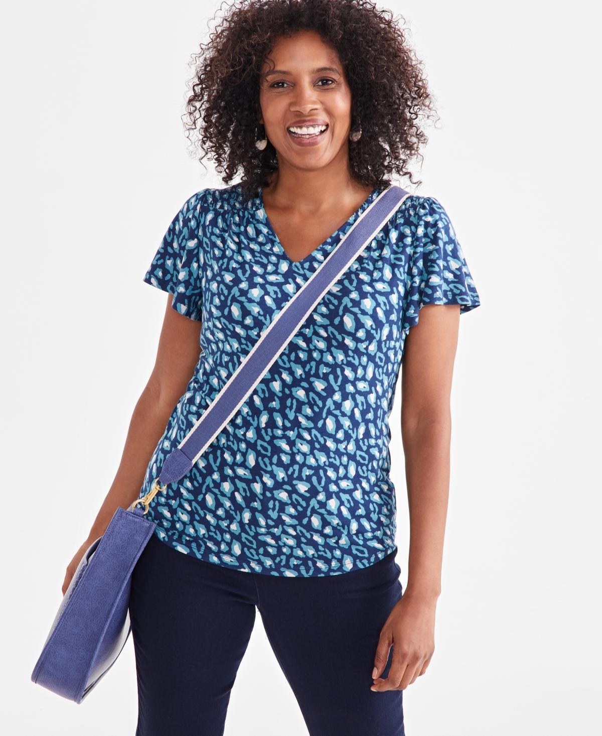 Style & Co Womens Printed Smocked-Shoulder V-Neck Top, Created for Macys Product Image