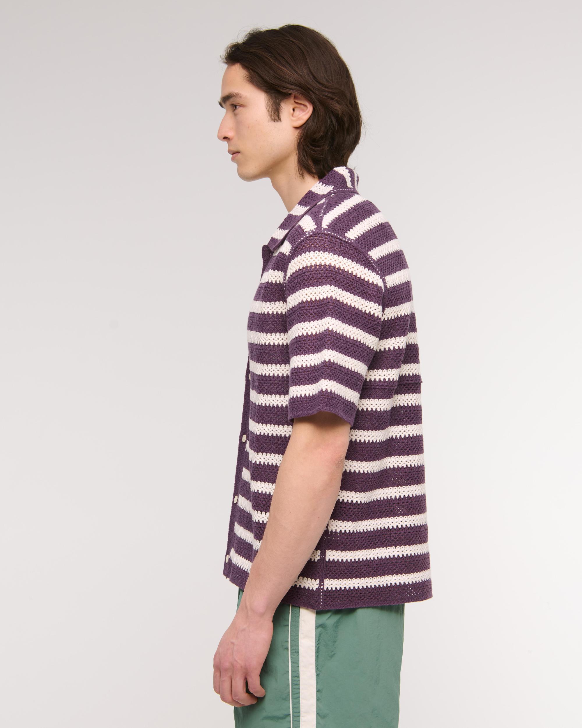 Crochet-Style Striped Button-Through Sweater Polo Product Image