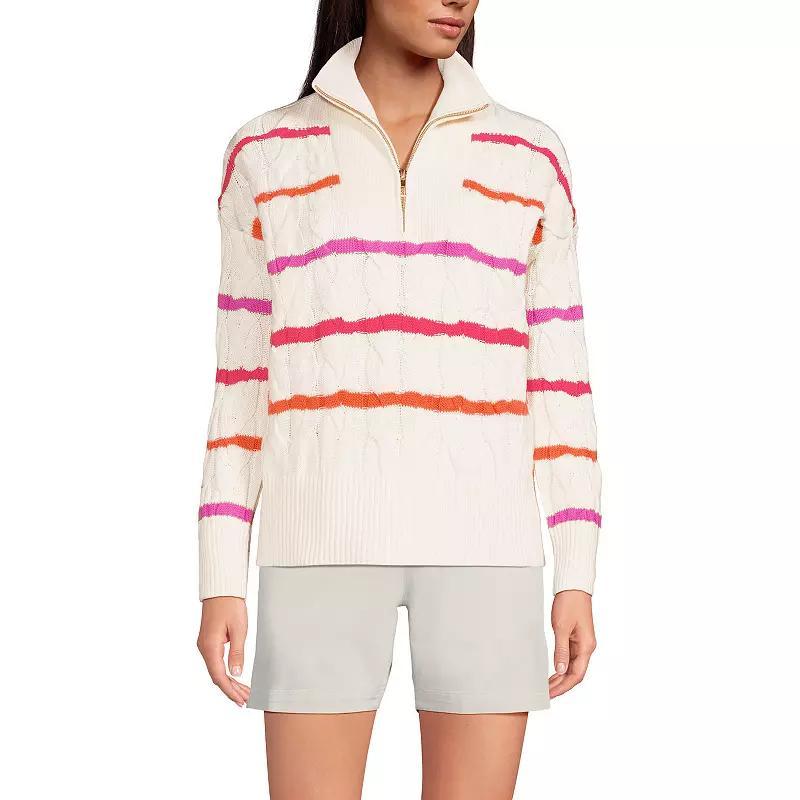 Women's Lands' End Drifter Cable Quarter Zip Sweater, Size: XL, Fresh Ivory Stripe Product Image