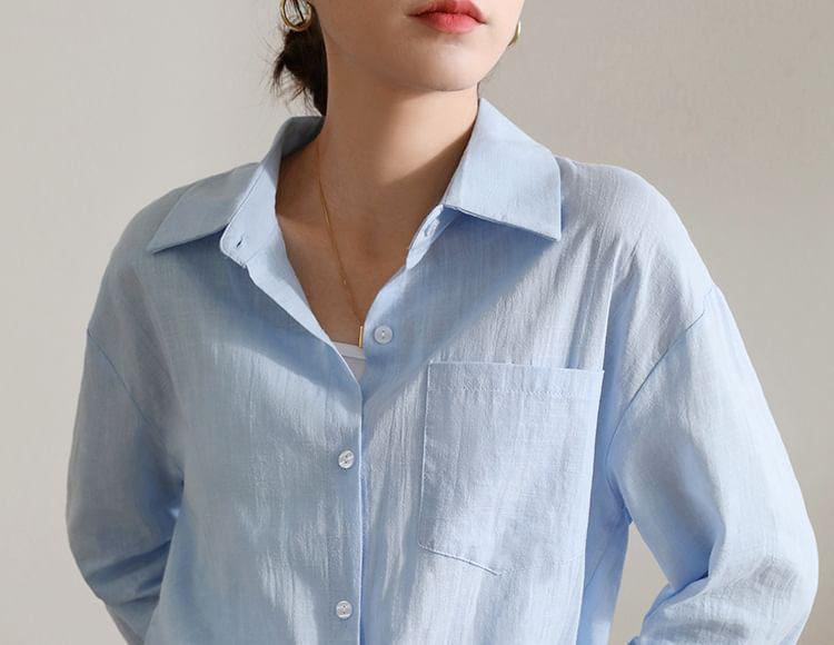 Long Sleeve Lapel Collar Plain Button Shirt Product Image
