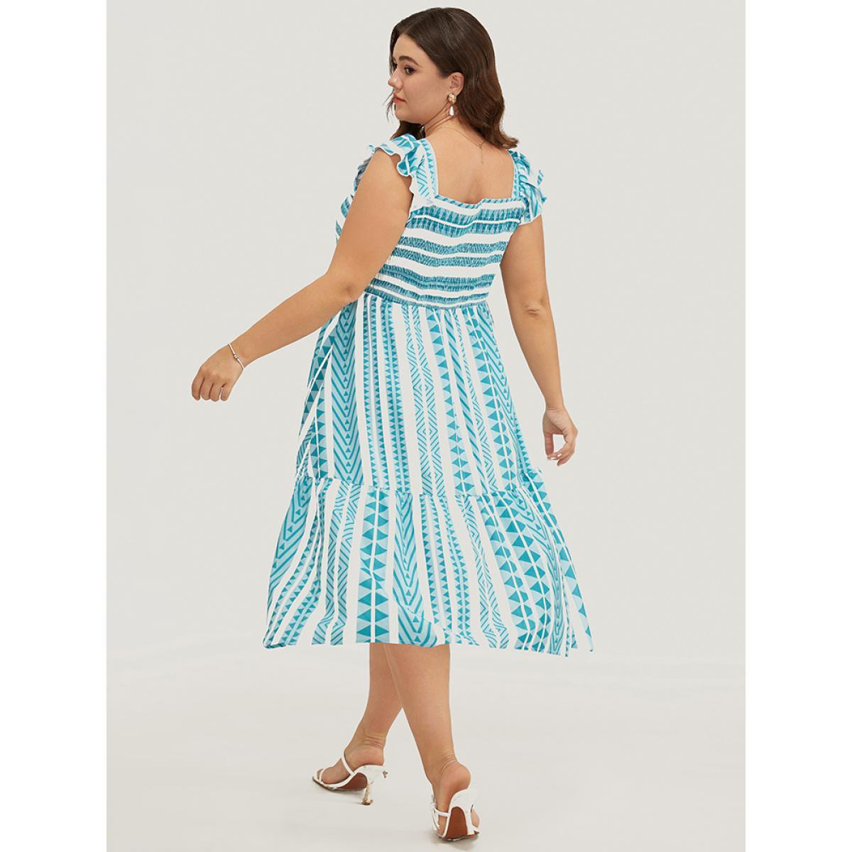 Plus Size Striped Contrast Square Neck Pocket Ruffles Shirred Cami Dress LightBlue Women Vacation Square Neck Cap Sleeve Curvy Midi Dress BloomChic 22-24/3X Product Image