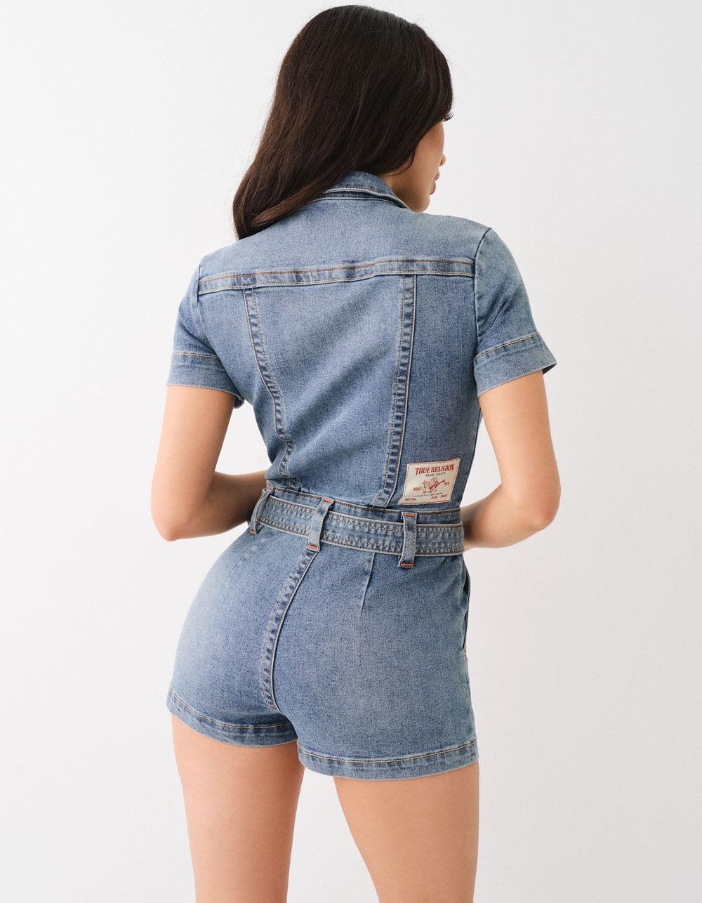 TRUE RELIGION Womens Belted Denim Zip Romper - MEDIUM WASH Product Image