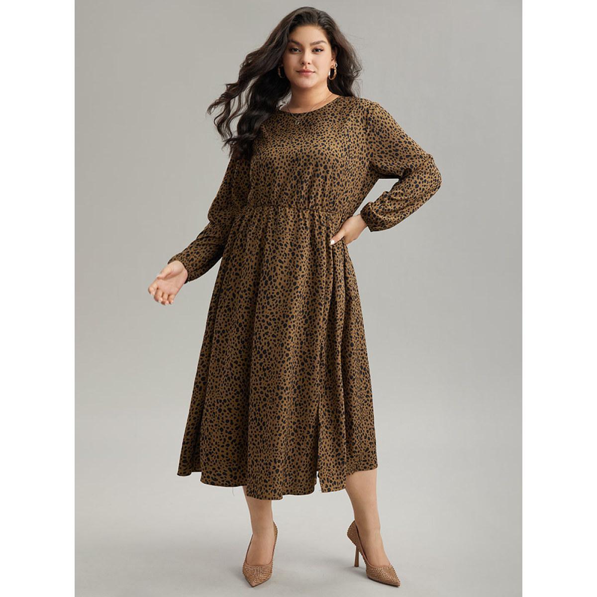 Plus Size Leopard Print Pocket Split Side Keyhole Dress DarkBrown Women Elegant Elastic cuffs Round Neck Long Sleeve Curvy Midi Dress BloomChic 18-20/2X Product Image