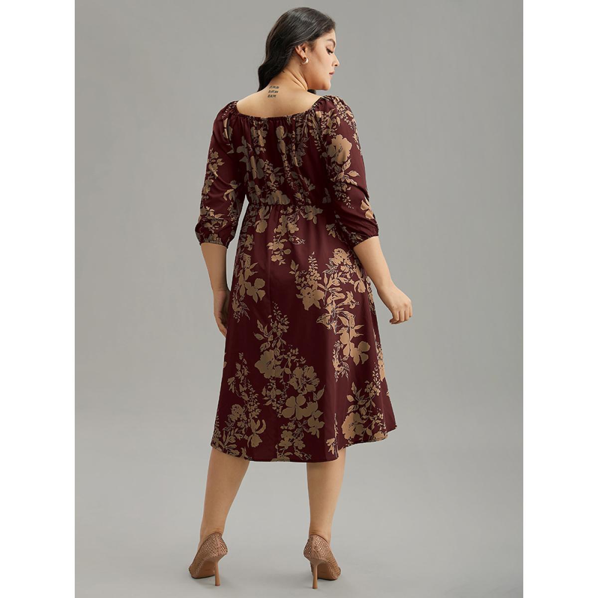 Plus Size Silhouette Floral Print Elastic Cuffs Dress Scarlet Women Elegant Elastic cuffs Square Neck Elbow-length sleeve Curvy Midi Dress BloomChic 28/5X Product Image