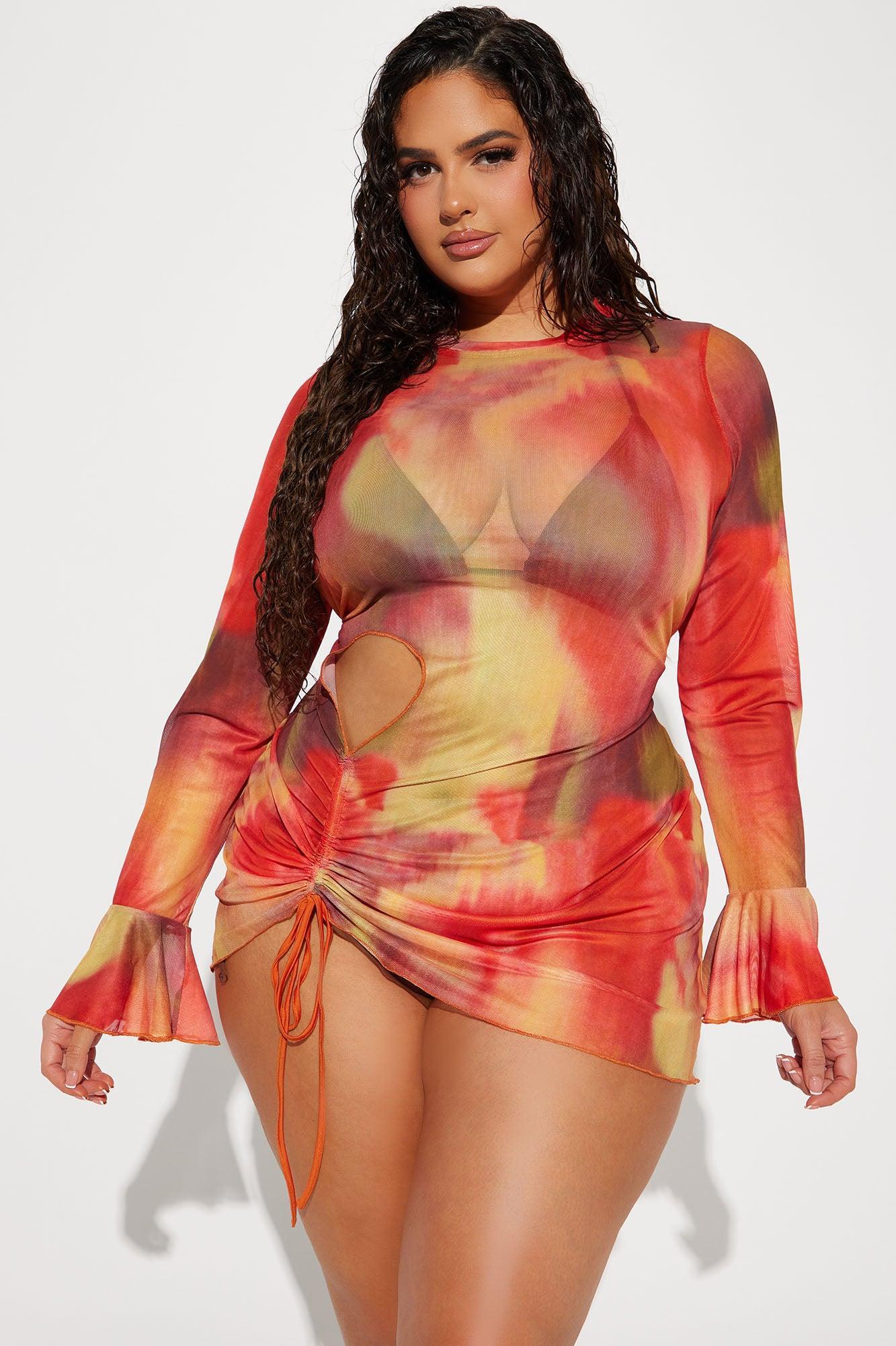 Olivia Cut Out Mesh Cover Up Dress - Orange/combo Product Image