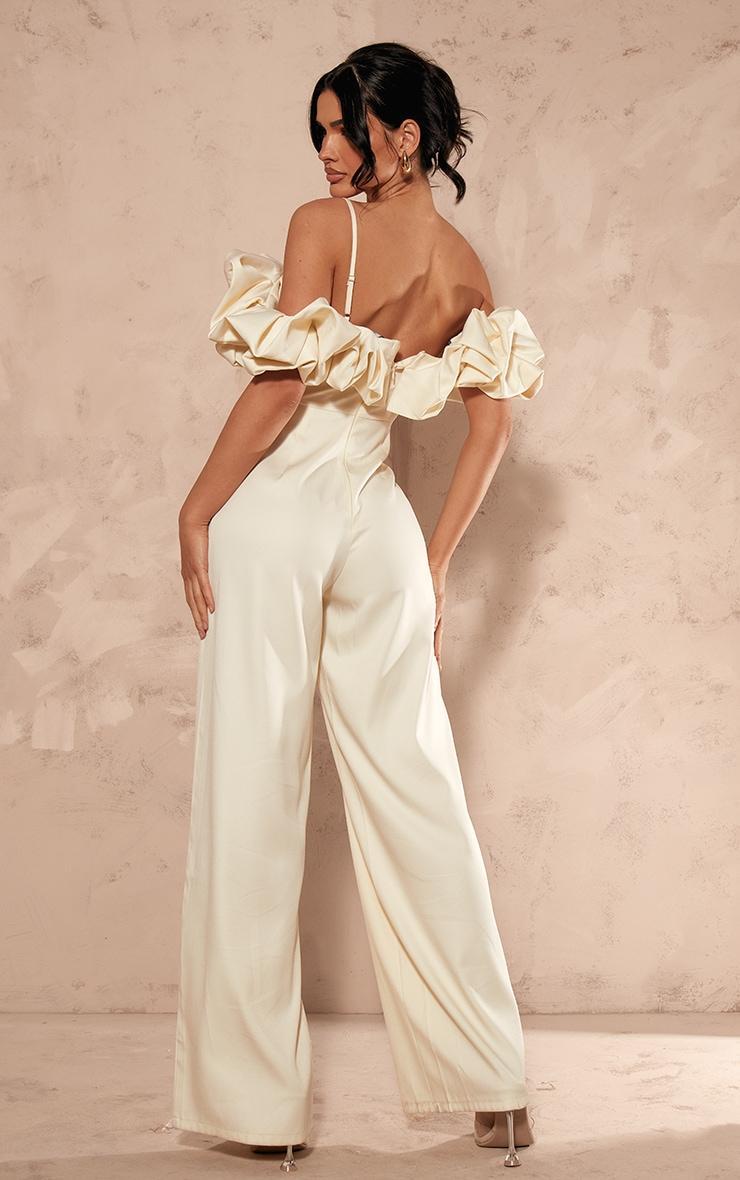 Cream Satin Ruffle Bardot Strappy Jumpsuit Product Image