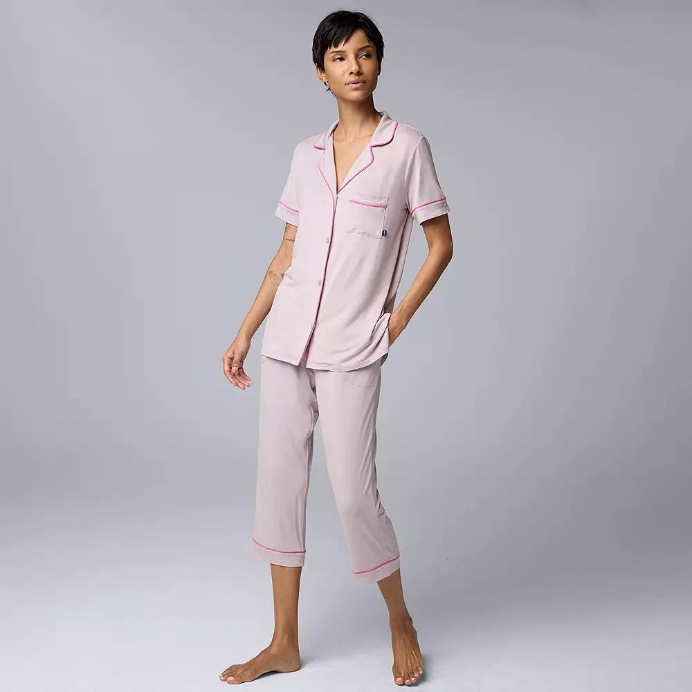 Women's Simply Vera Vera Wang Basic Luxury Notch Collar Pajama Shirt & Pajama Capris Set, Size: XS, Black Product Image