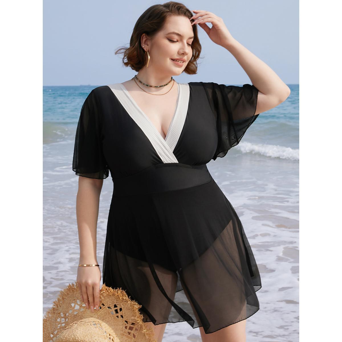 Plus Size Contrast Lace Knot Back Mesh Ruffle Swim Dress Women's Swimwear Black Vacation Bodycon Deep V-neck High stretch Curve Swim Dresses BloomChic 26/4X Product Image
