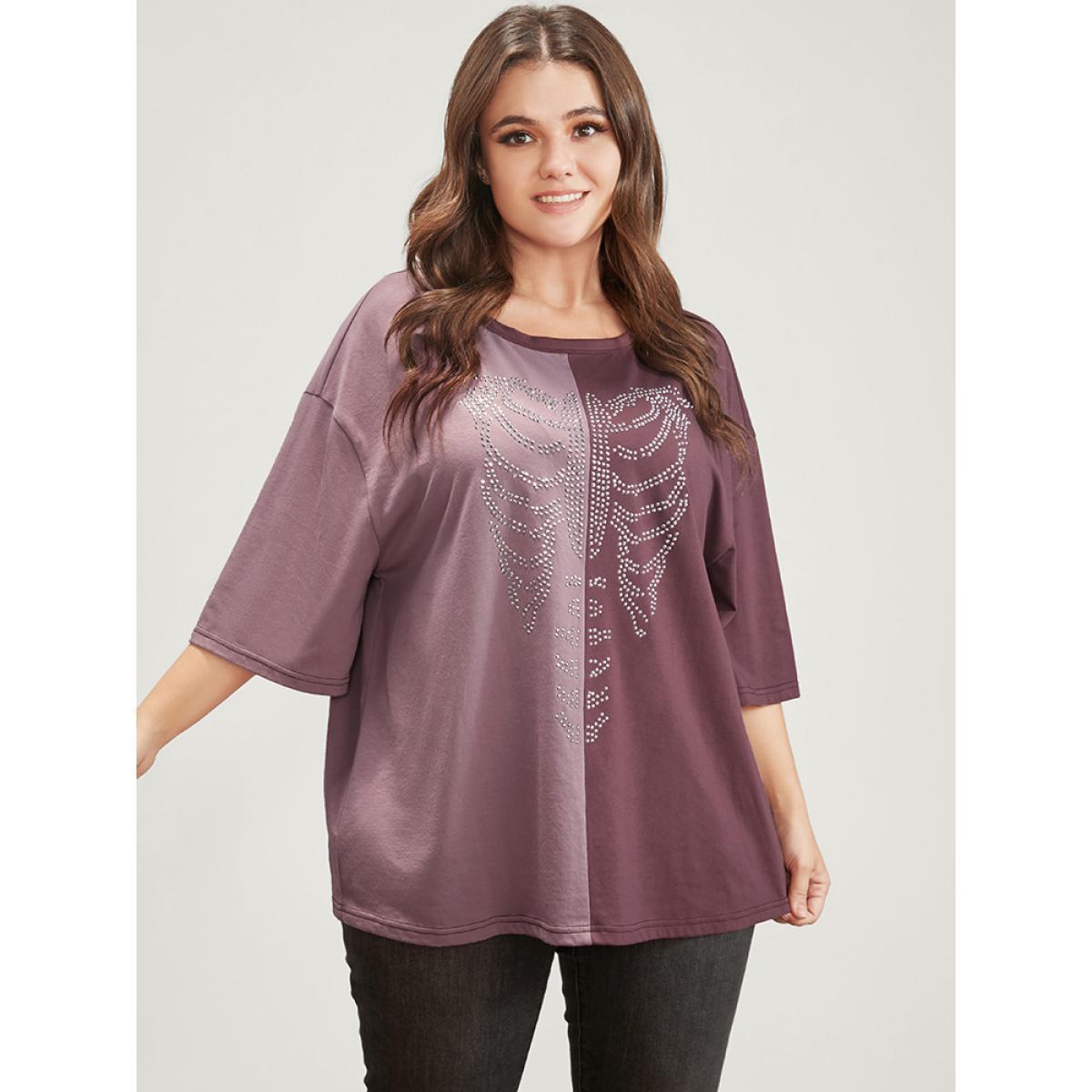 Plus Size Halloween Skeleton Print Colorblock Contrast T-shirt Heather Women Casual Contrast Graphic-Halloween Round Neck Dailywear T-shirts BloomChic 14-16/1X Product Image