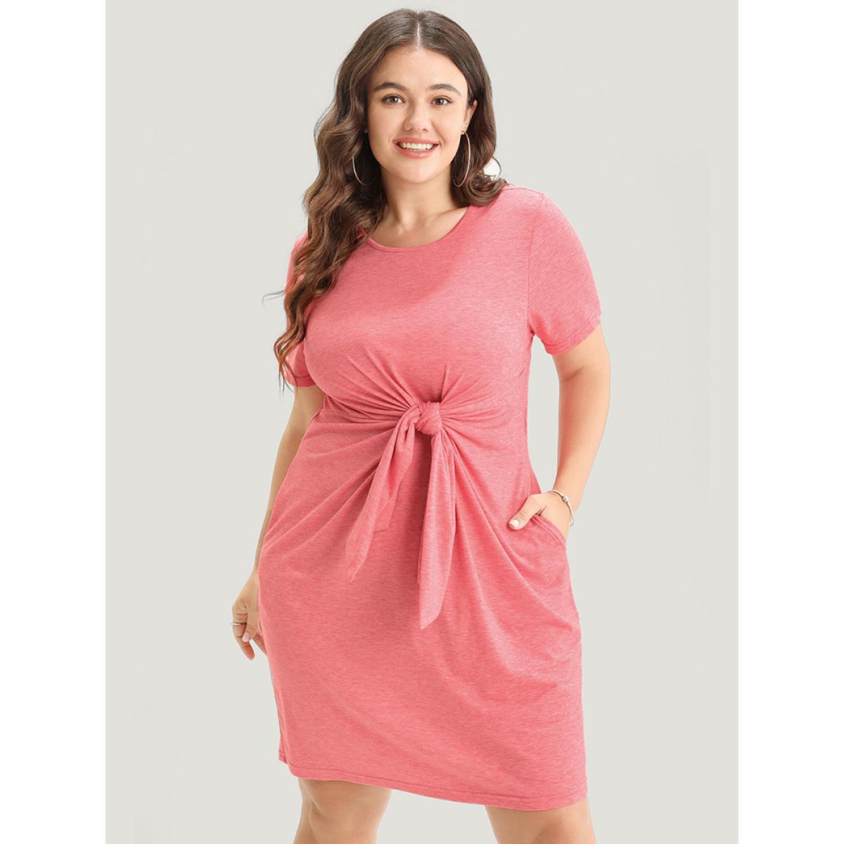 Plus Size Solid Round Neck Pocket Knot Front Knee Dress Watermelon Women Casual Plain Round Neck Short sleeve Curvy Knee Dress BloomChic 18-20/2X Product Image