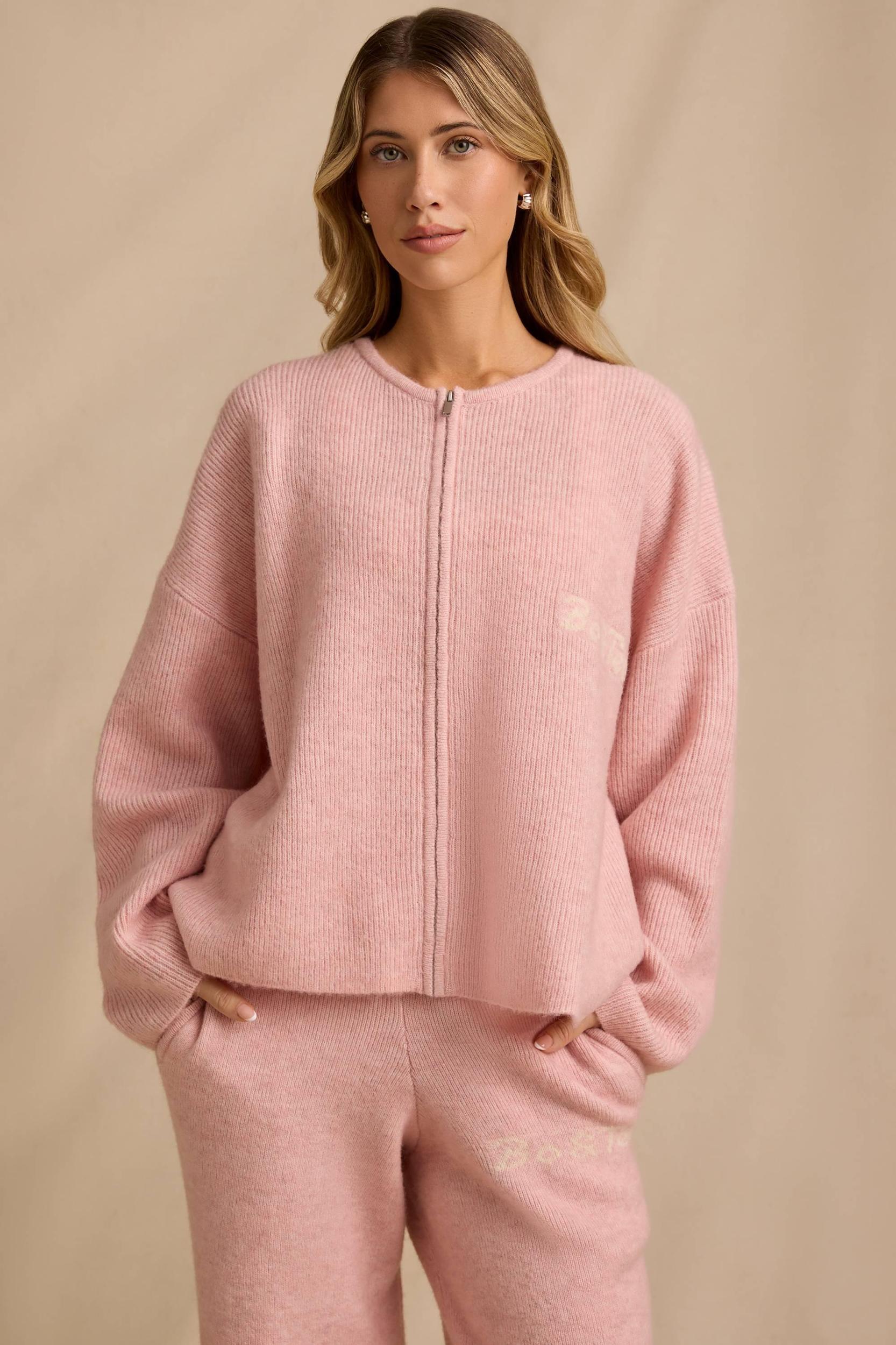 Oversized Zip-Up Cardigan in Blush Pink Product Image