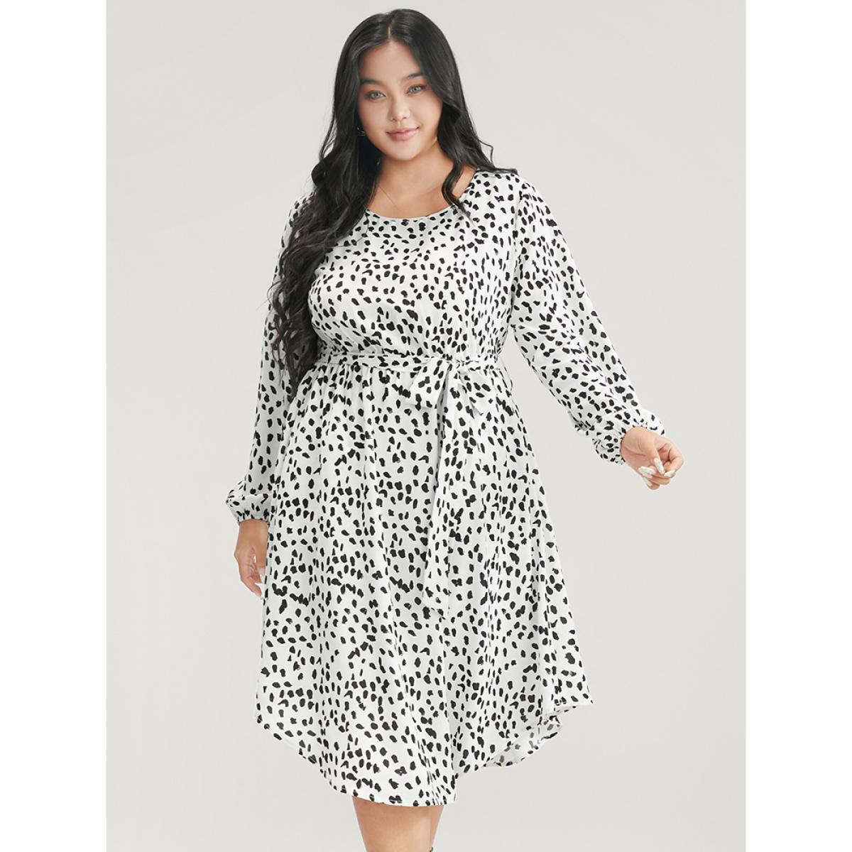 Plus Size Leopard Print Lantern Sleeve Pocket Belted Arc Hem Dress White Women Elegant Pocket Round Neck Long Sleeve Curvy Midi Dress BloomChic 22-24/3X Product Image