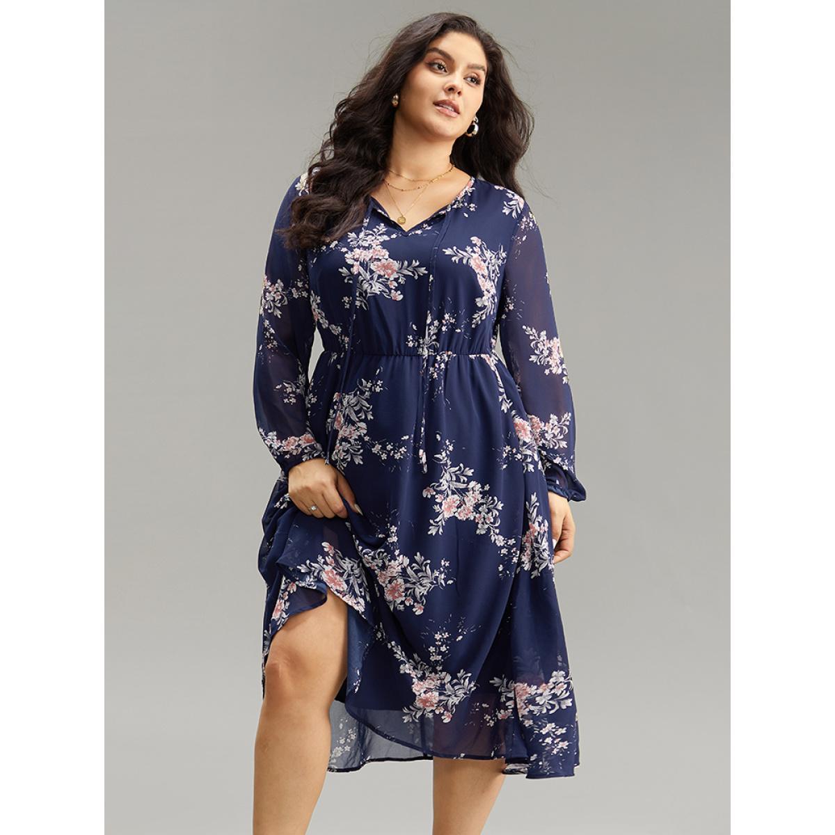 Plus Size Floral Print Knot Neck Pocket Dress DarkBlue Women Elegant See through Tie Neck Long Sleeve Curvy Midi Dress BloomChic 26/4X Product Image