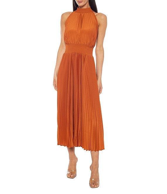 Marina Sleeveless Halter Mock Neck Smocked Pleated Crepe Chiffon A-Line Midi Dress Product Image
