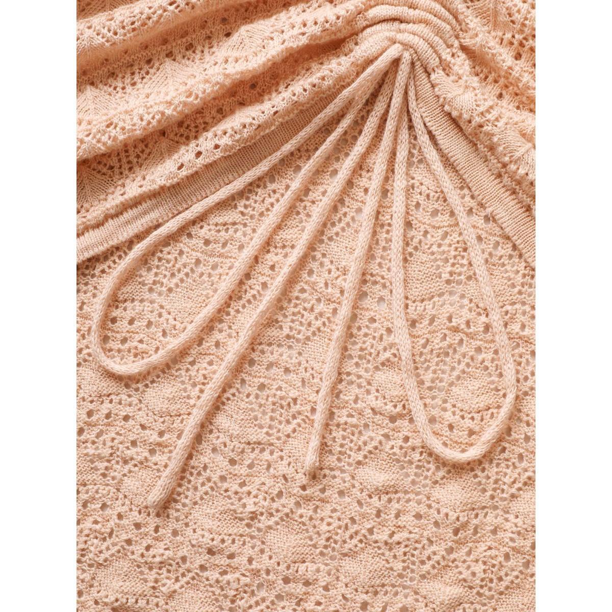 Plus Size Texture Drawstring Shoulder Sleeve Pullover Coral Women Casual Long Sleeve Deep V-neck Everyday Pullovers BloomChic 22-24/3X Product Image