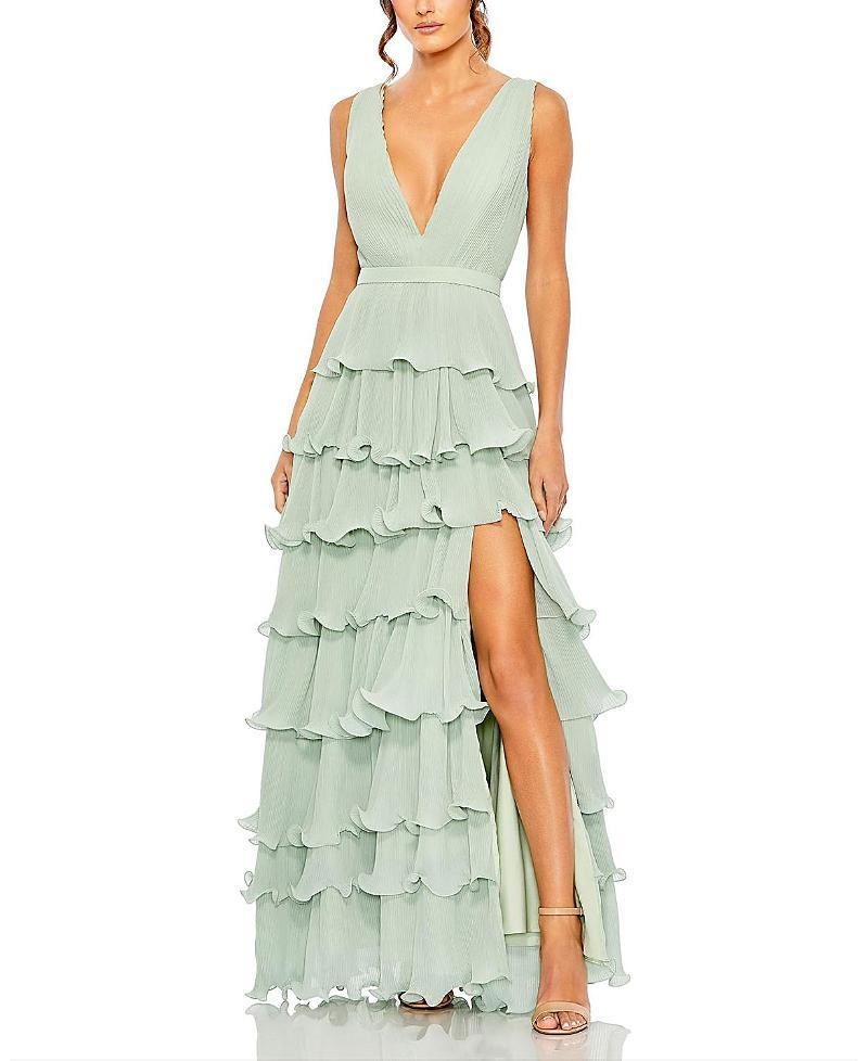 Mac Duggal Deep V-Neck Sleeveless Ruffle Tiered Thigh High Slit Gown Product Image