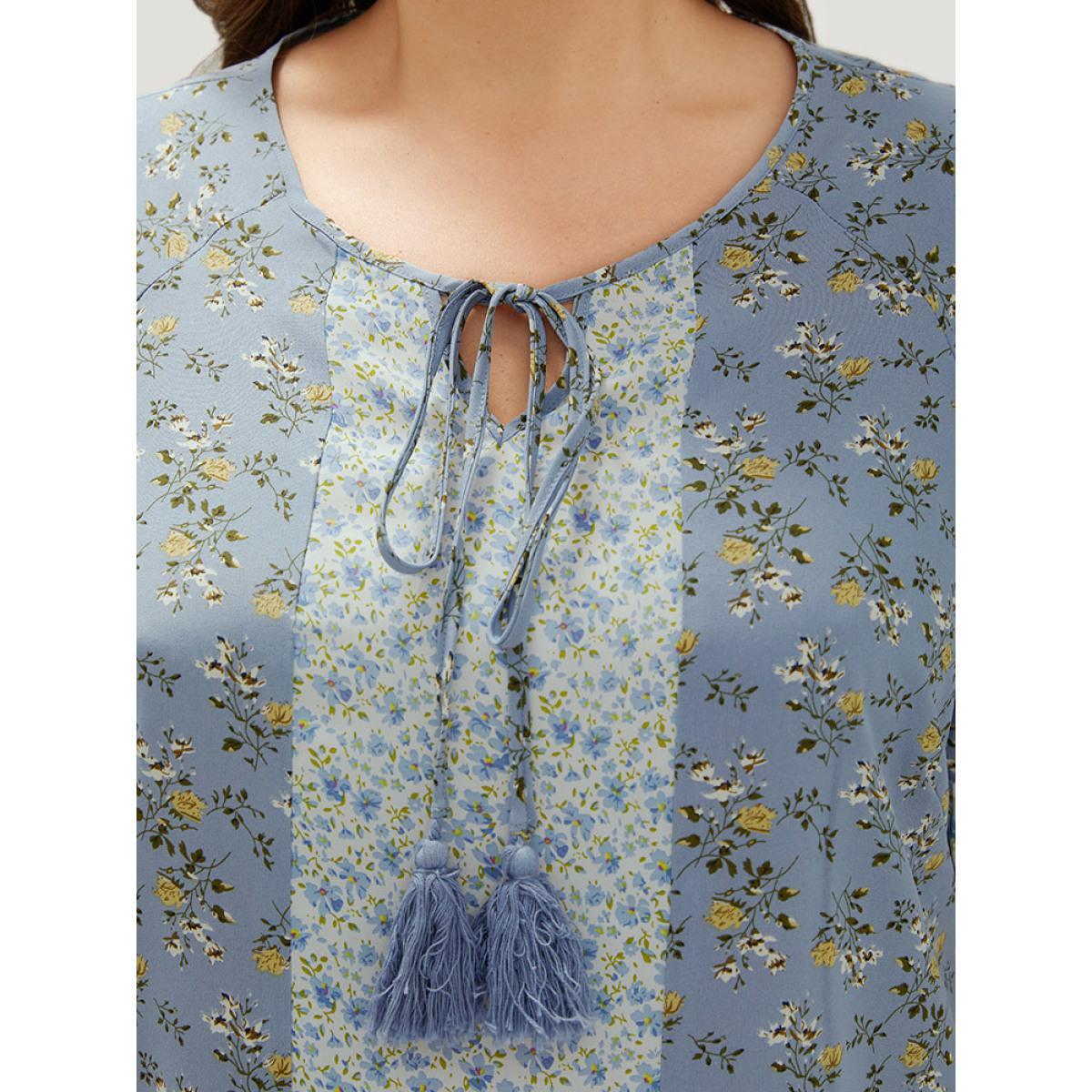 Plus Size Stone Ditsy Floral Tassels Tie Patchwork Ruffle Sleeve Blouse Women Elegant Short sleeve Tie Neck Dailywear Blouses BloomChic 18-20/2X Product Image