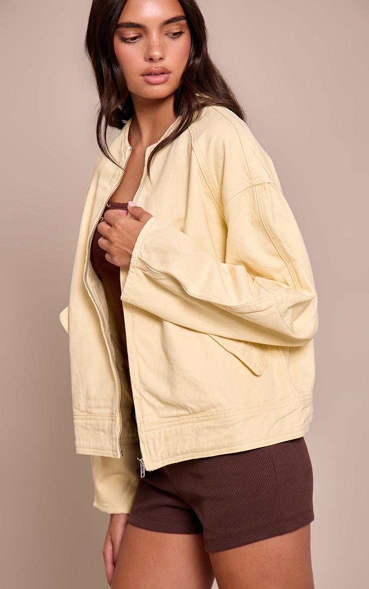 Butter Cream Round Neck Balloon Sleeve Denim Jacket Product Image