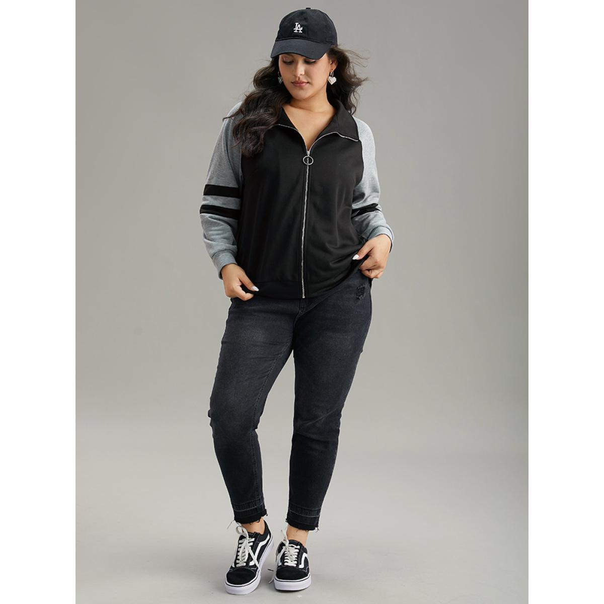 Plus Size Contrast Contrast Trim O Ring Zipper Jacket Women Black Contrast Everyday Jackets BloomChic 22-24/3X Product Image