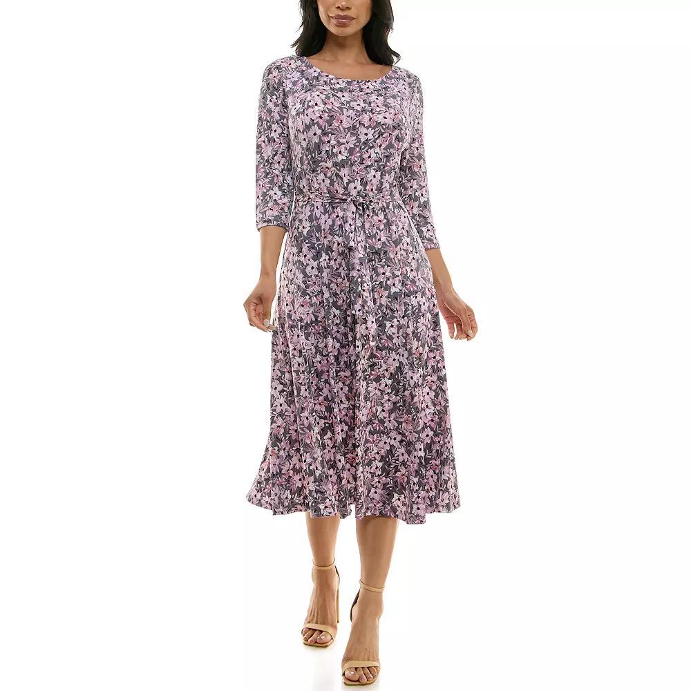 Women's Nina Leonard Belted 3/4 Sleeve Print Midi Dress, Size: Small, Blue Blue Ivory Product Image