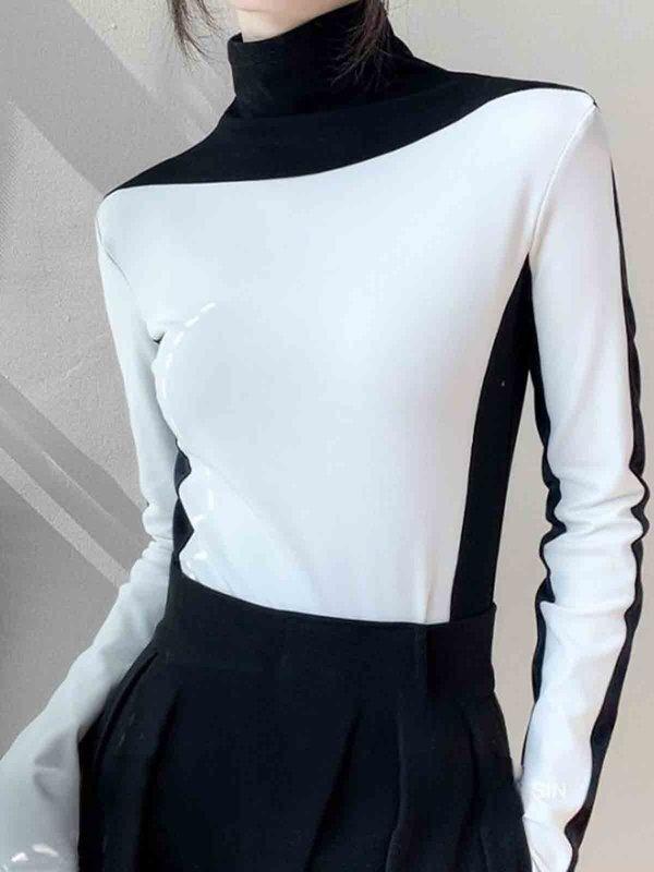 Long Sleeves Skinny Contrast Color Split-Joint High Neck T-Shirts Tops Product Image