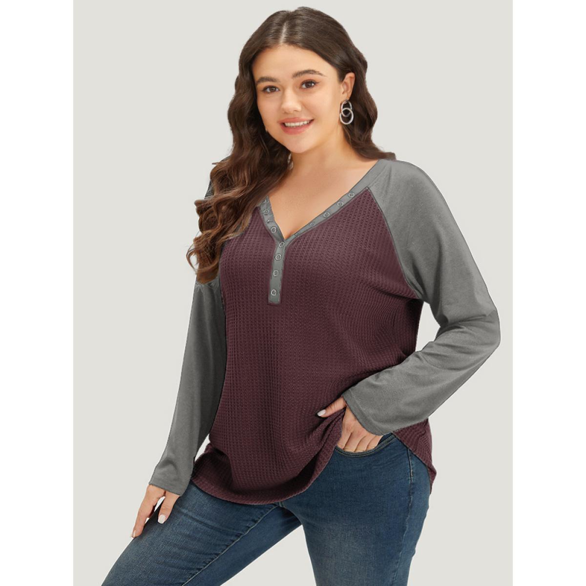 Plus Size Waffle Knit Raglan Sleeve Metal Buckle Detail T-shirt Burgundy Women Casual Contrast Plain V-neck Everyday T-shirts BloomChic 14-16/1X Product Image