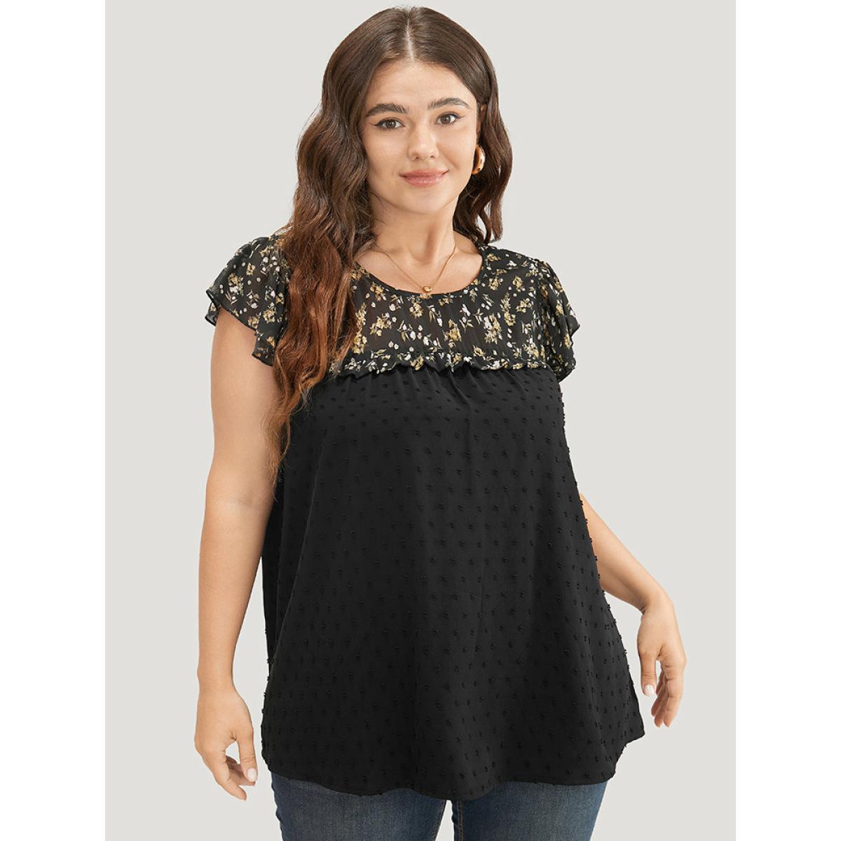 Plus Size Black Ditsy Floral Patchwork Ruffle Cap Sleeve Blouse Women Elegant Cap Sleeve Round Neck Dailywear Blouses BloomChic 18-20/2X Product Image