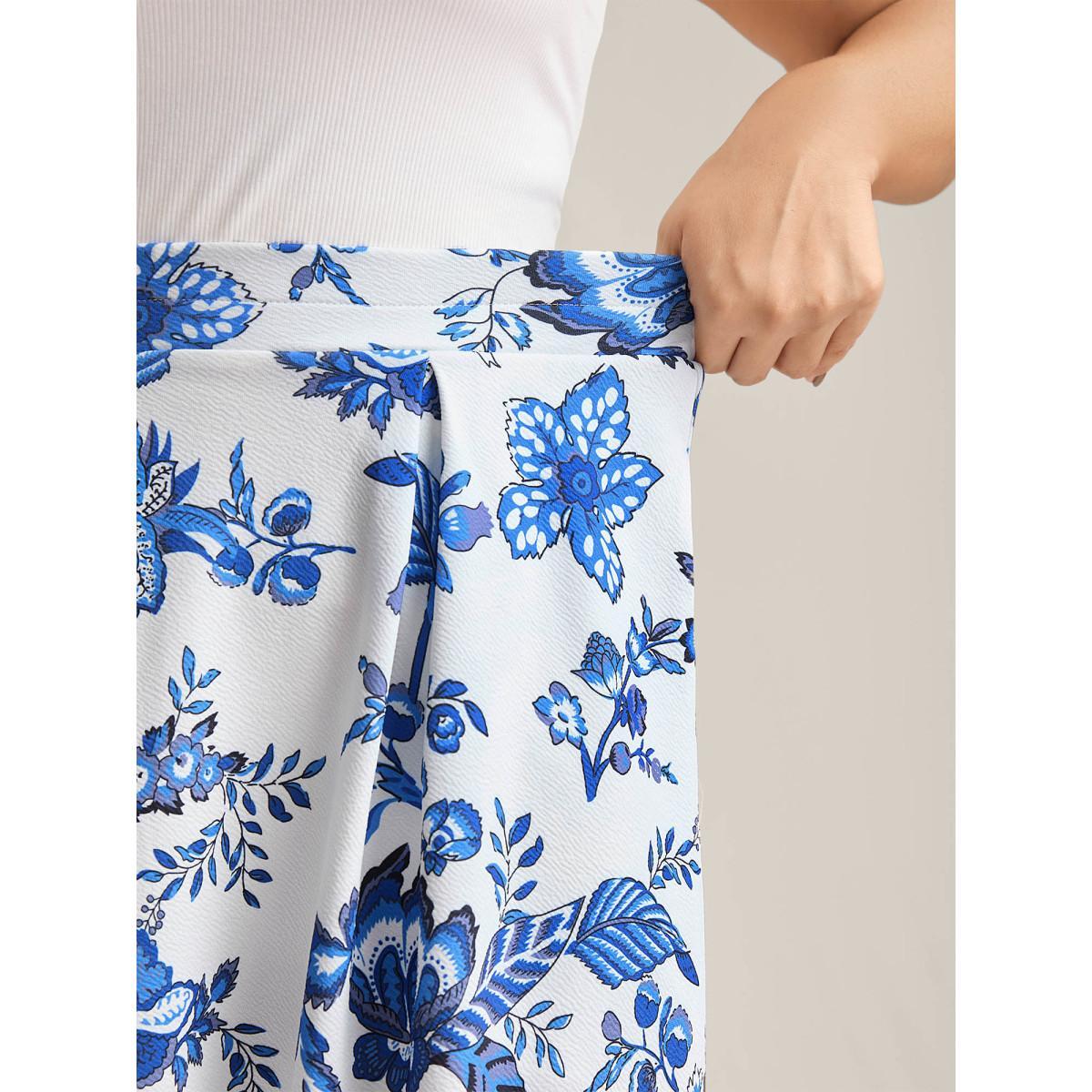 Plus Size Floral Print Flared Midi Skirt Women LightBlue Elegant Contrast Bodycon Low stretch Side seam pocket Everyday-Elegant Skirts BloomChic 14-16/1X Product Image