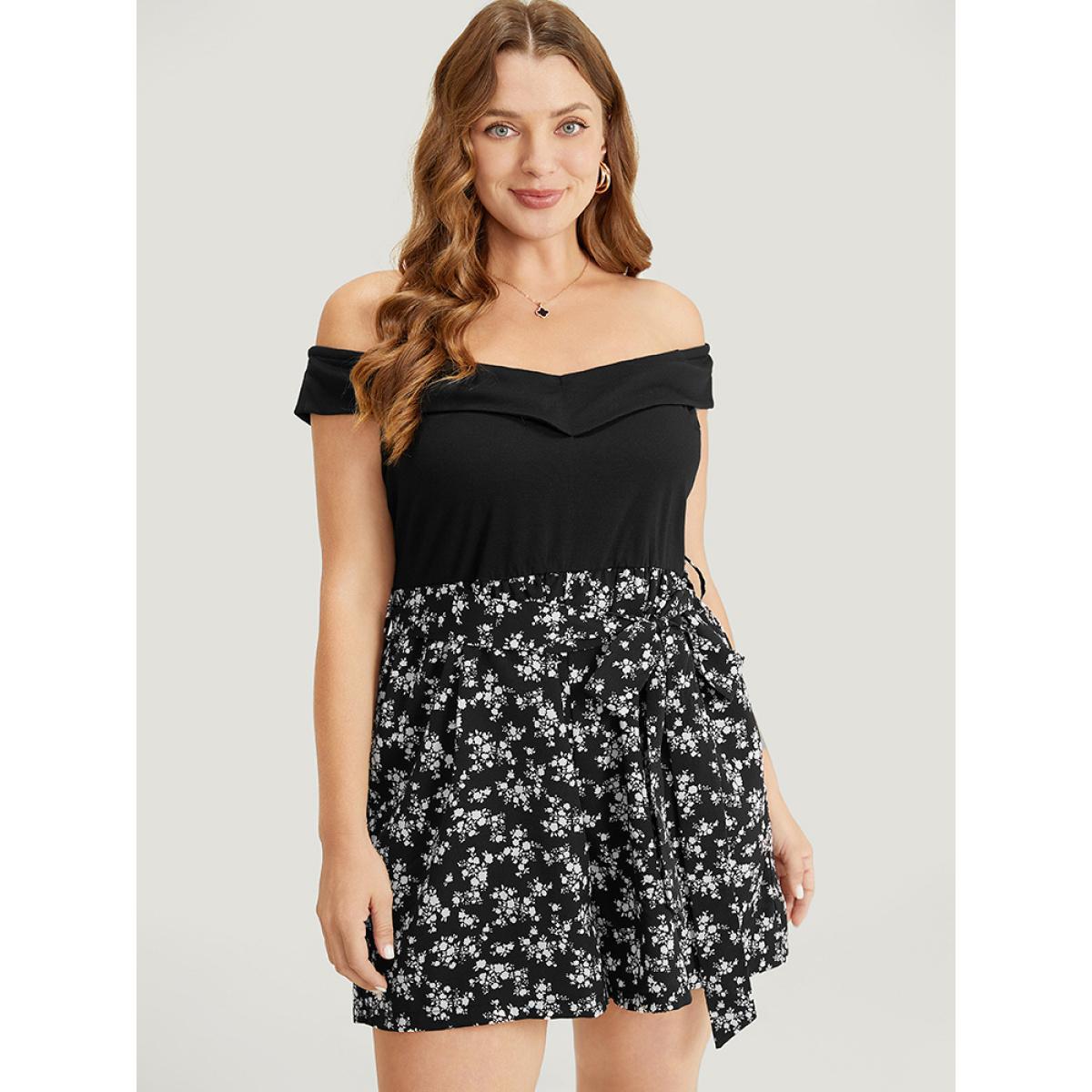 Plus Size Black Ditsy Floral Patchwork Pocket Belted Off Shoulder Romper Women Elegant Sleeveless One-shoulder neck Dailywear Loose Jumpsuits BloomChic 14-16/1X Product Image