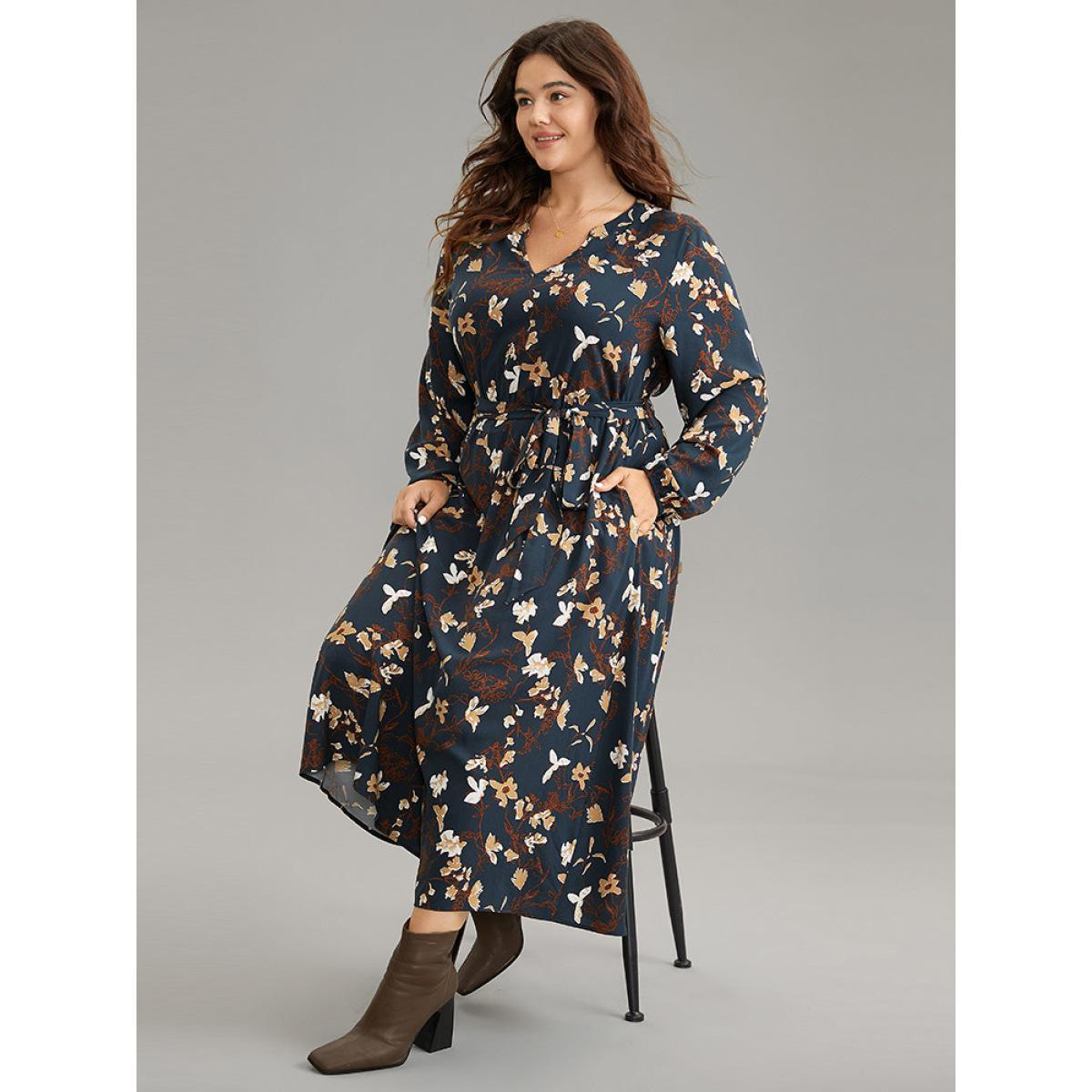 Plus Size Floral Print Notched Belted Lantern Sleeve Dress DarkBlue Women Elegant Elastic cuffs Notched collar Long Sleeve Curvy Midi Dress BloomChic 14-16/1X Product Image