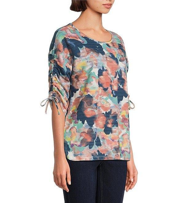 Westbound Knit Dark Denim Blur Floral 3/4 Ruched Sleeve Top Product Image