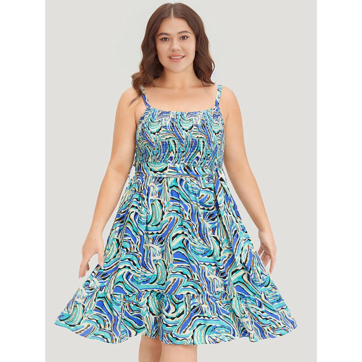 Plus Size Water Ripple Print Shirred Pocket Belted Cami Dress Arctic Women Elegant Pocket Spaghetti Strap Sleeveless Curvy Knee Dress BloomChic 22-24/3X Product Image