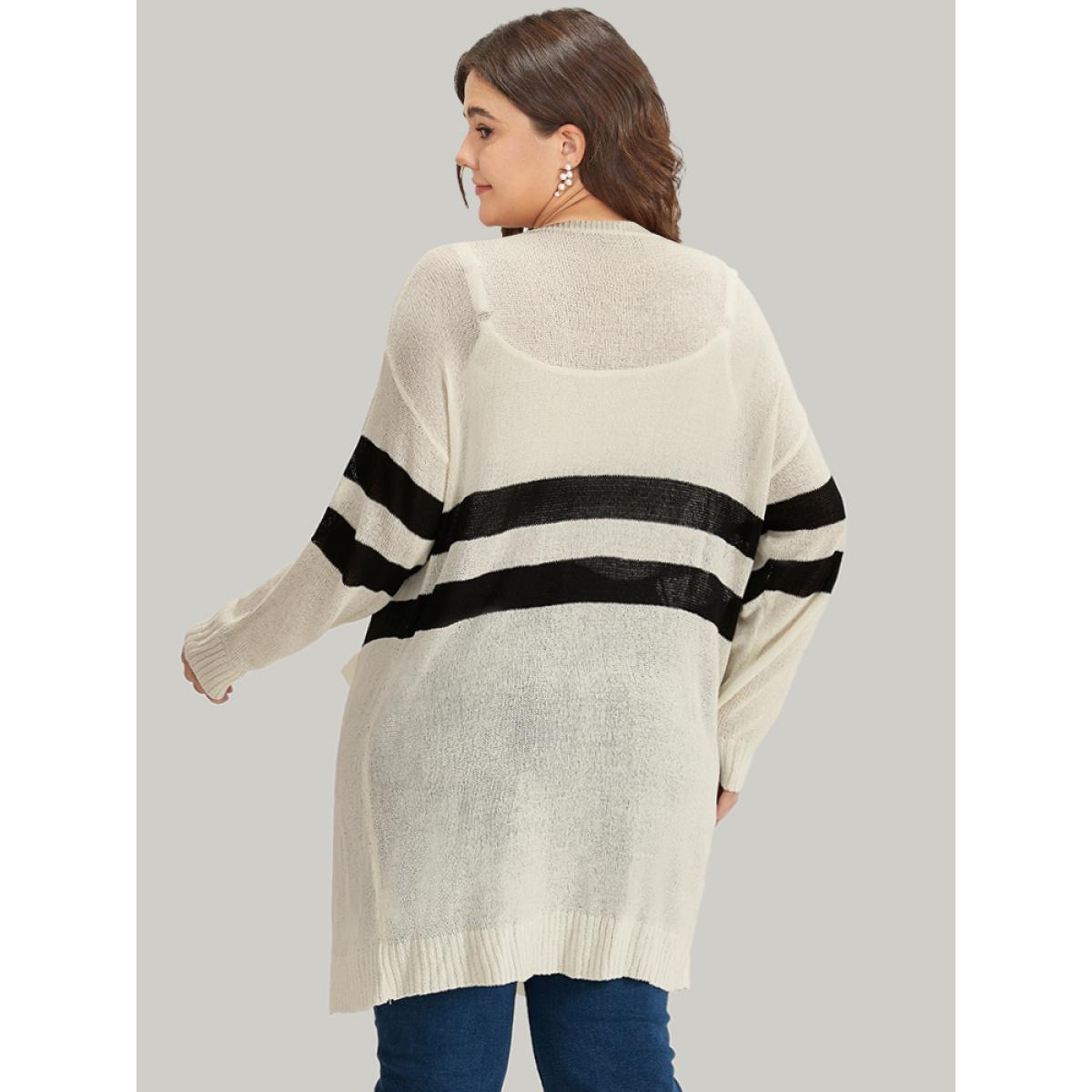 Plus Size Striped Pocket Open Front Cardigan Beige Women Casual Loose Long Sleeve Everyday Cardigans BloomChic 28/5X Product Image