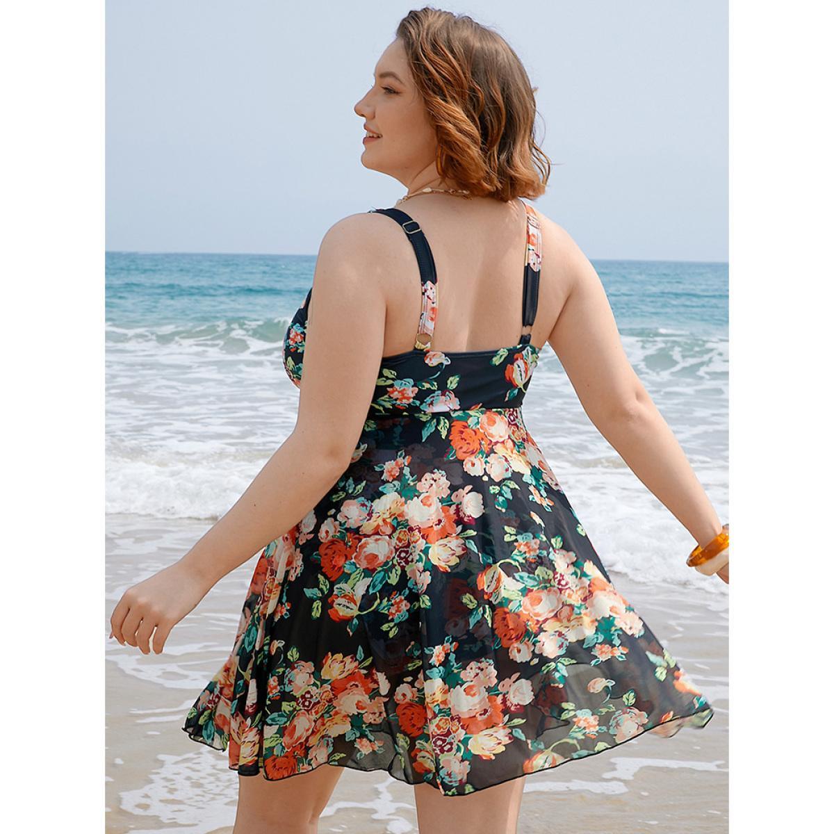 Plus Size Floral Ruffle Hem Twist Ruched Swim Dress Women's Swimwear BlackFlower Vacation Bodycon V-neck High stretch Curve Swim Dresses BloomChic 14-16/1X Product Image