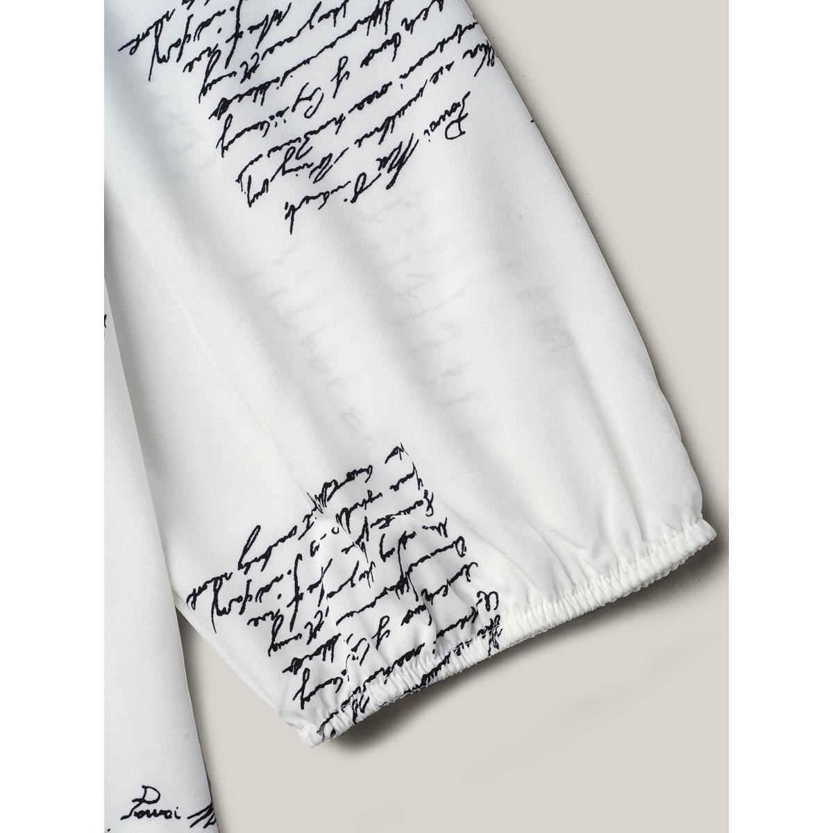 Plus Size Originalwhite Text Pattern Ruffled Lantern Sleeve Blouse Women At the Office Elbow-length sleeve V-neck Work Blouses BloomChic 30/6X Product Image