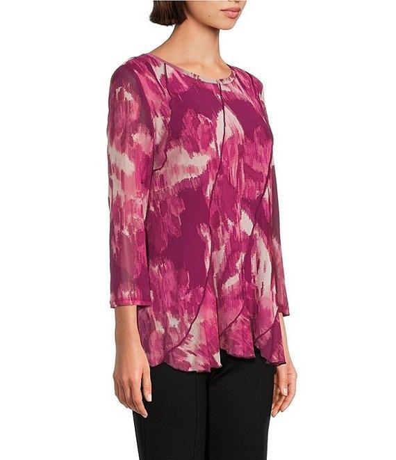 Slim Factor by Investments Blur Print Crew Neck Long Sleeve Ruffled Hem Lined Top Product Image