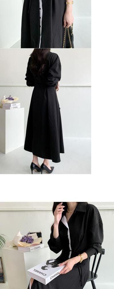 Long-Sleeve Pinstriped Contrast Trim Button-Up Midi A-Line Dress Product Image