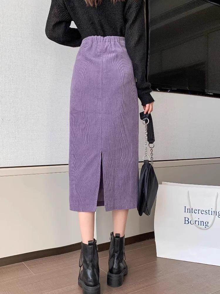 Elastic Waist Plain Slit Corduroy Midi H-Line Skirt Product Image