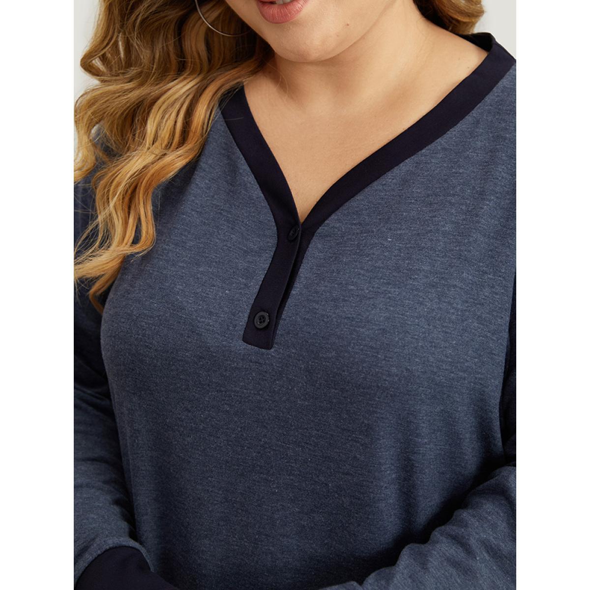 Plus Size V Neck Button Up Contrast Elastic Cuffs Pocket T-shirt Indigo Women Casual Elastic cuffs Plain V-neck Dailywear T-shirts BloomChic 22-24/3X Product Image