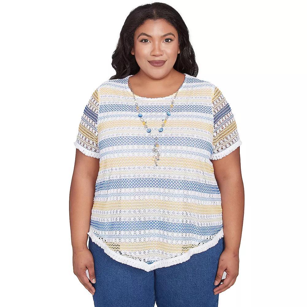 Plus Size Alfred Dunner Textured Biadere Fringe Top with Necklace, Women's, Size: 2XL, Blue Team Product Image