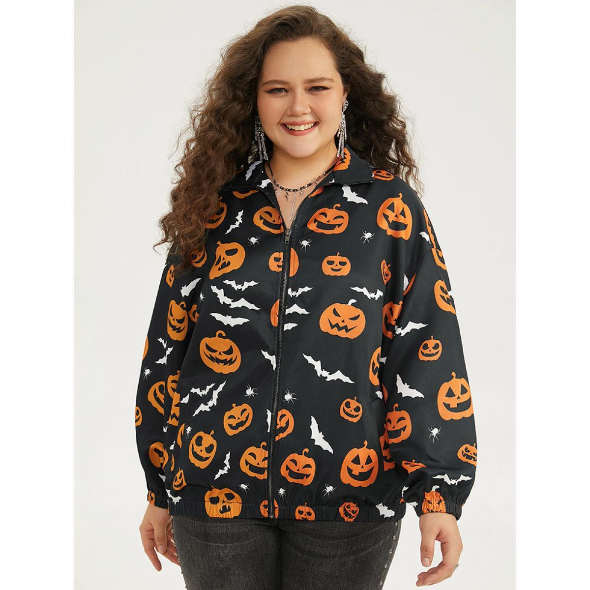 Plus Size Halloween Graphic Zipper Fly Pocket Coat Women Black Casual Elastic cuffs Ladies Dailywear Winter Coats BloomChic 22-24/3X Product Image