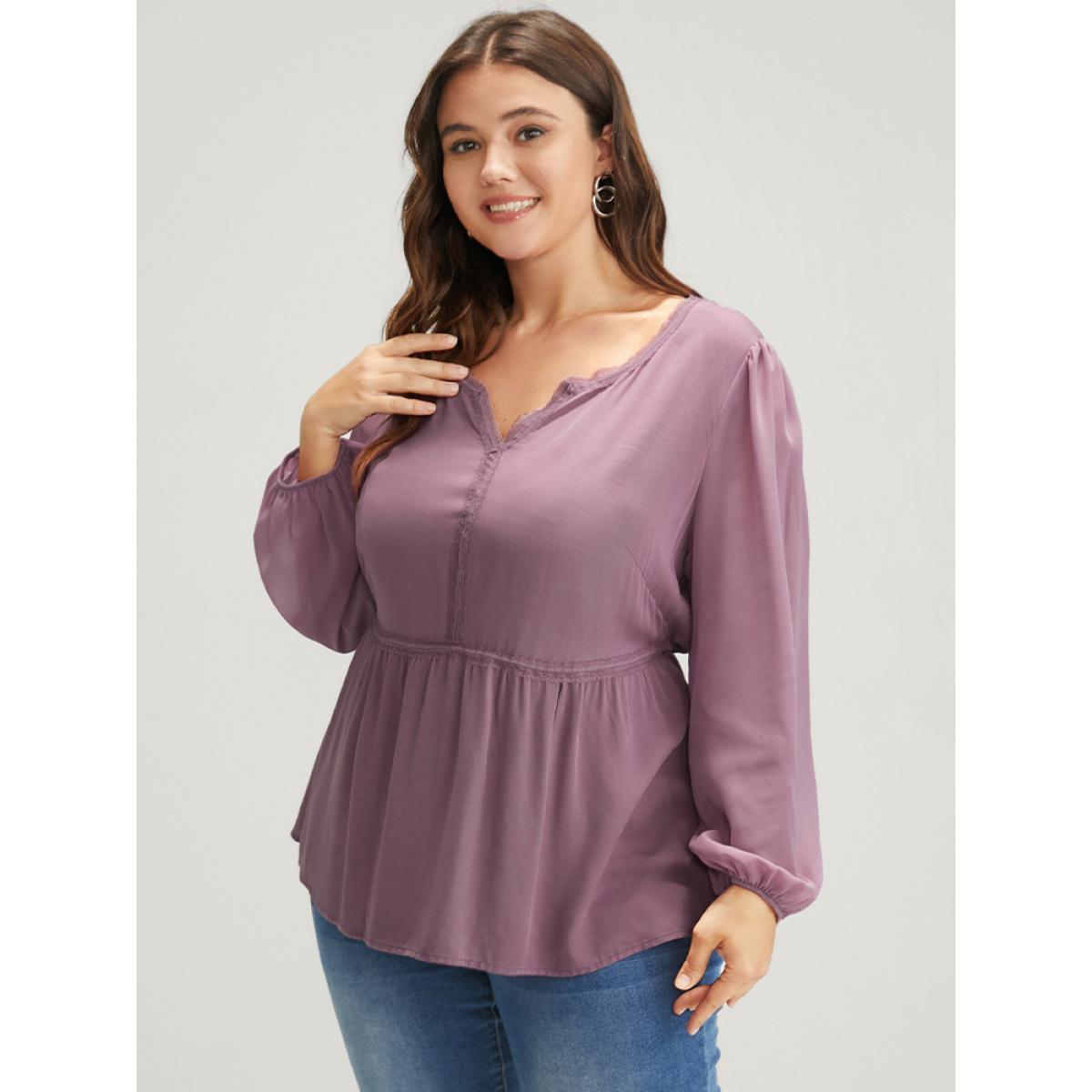 Plus Size DustyPink Solid Crochet Lace Lantern Sleeve Flutter Blouse Women Elegant Long Sleeve Notched collar Dailywear Blouses BloomChic 14-16/1X Product Image