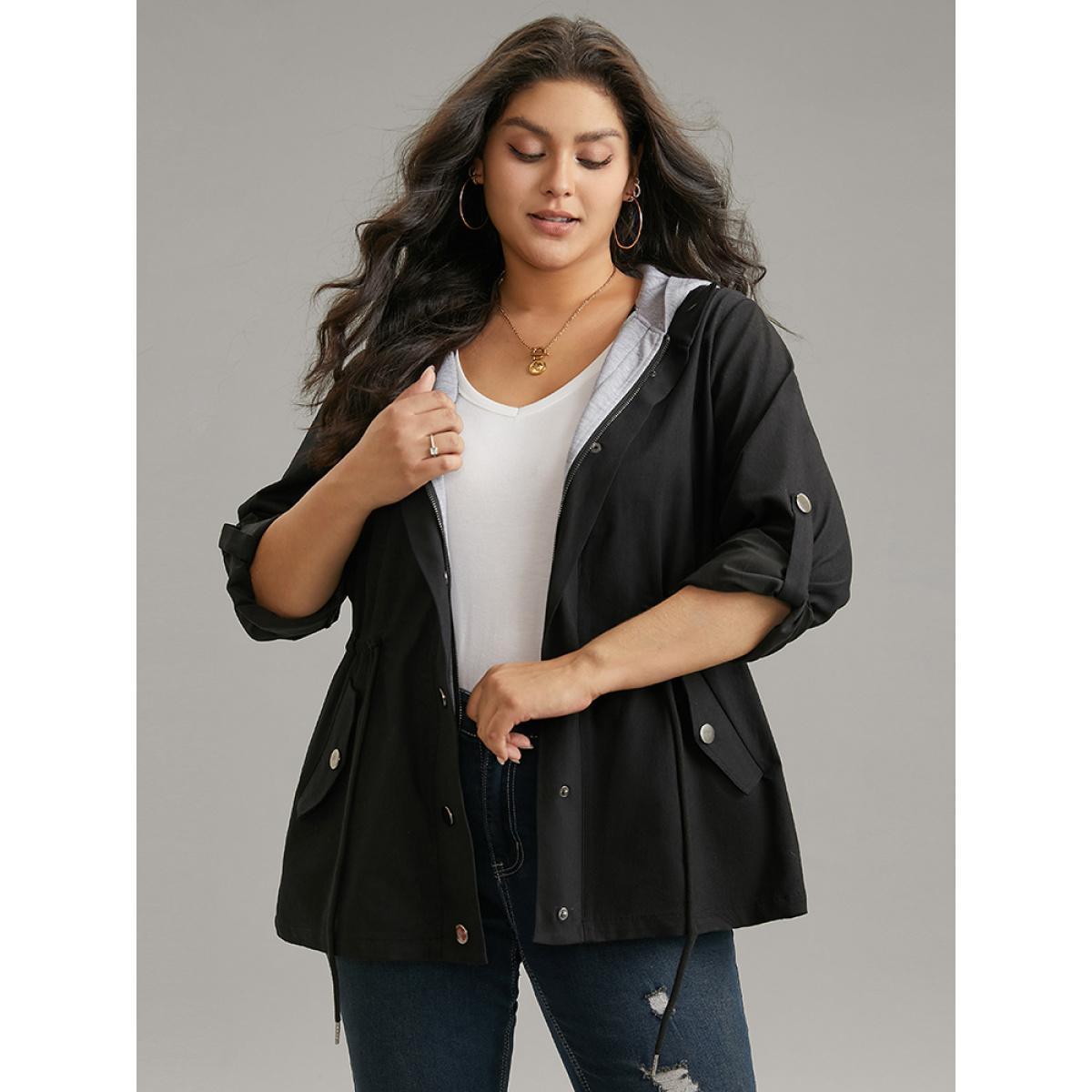 Plus Size Contrast Hooded Drawstring Zipper Button Up Jacket Women Black Contrast Pocket Dailywear Jackets BloomChic 22-24/3X Product Image