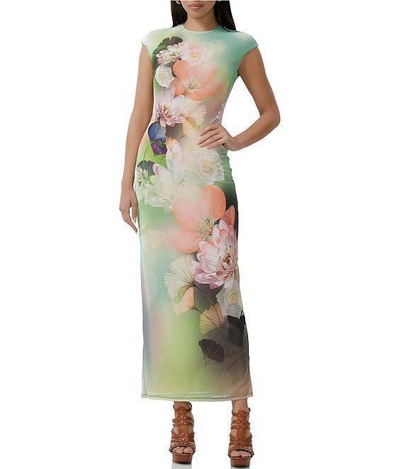 AFRM Cody Floral Placement Print Mesh Crew Neck Cap Sleeve Maxi Dress Product Image