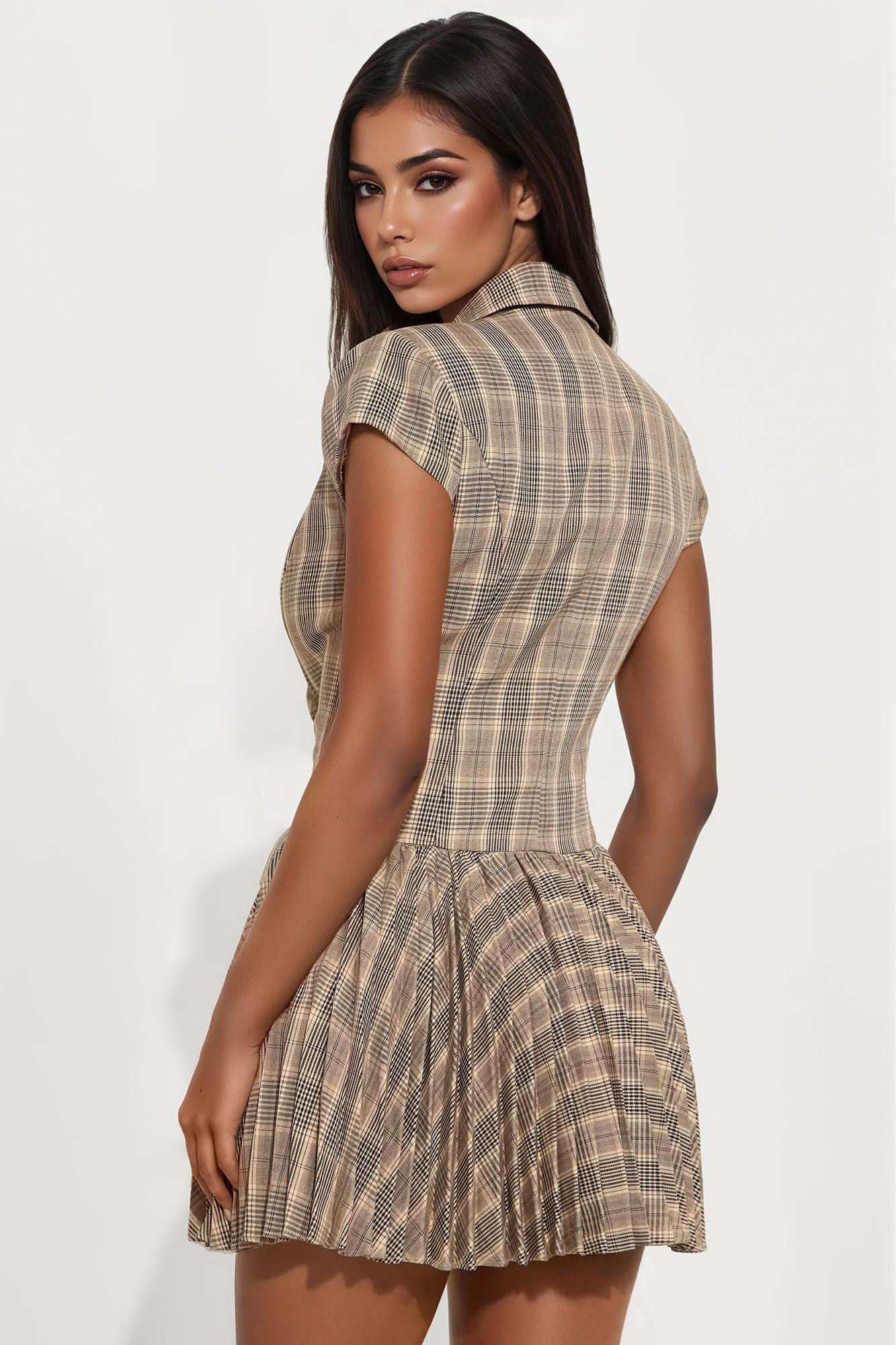 Eloise Short Sleeve Plaid Mini Dress - Brown Combo Product Image