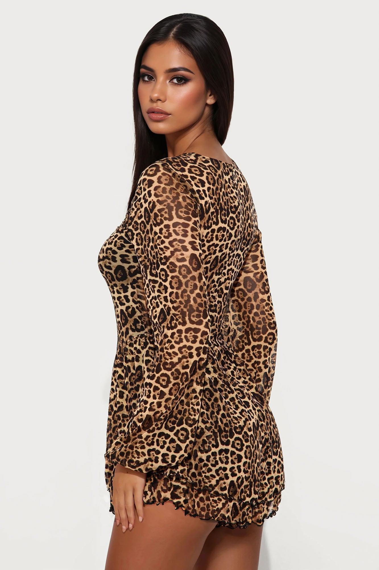 Wild Side Mesh Long Sleeve Romper - Leopard Product Image