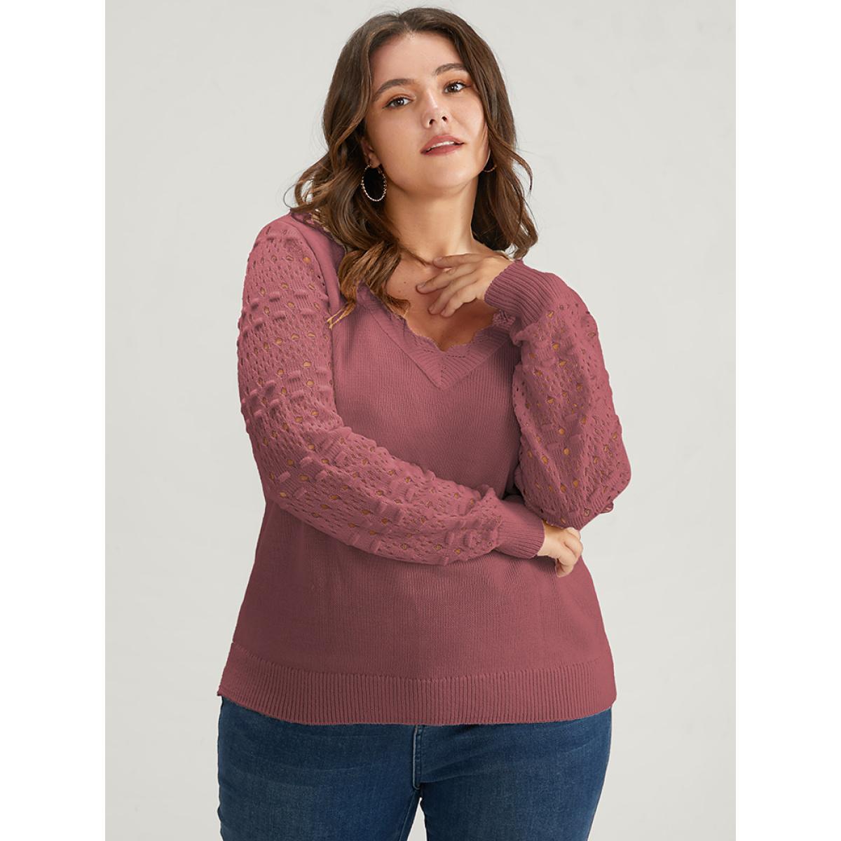Plus Size Solid Pointelle Knit Scalloped Trim V Neck Crochet Knit Top Russet Women Elegant Long Sleeve V-neck Dailywear Pullovers BloomChic 26/4X Product Image