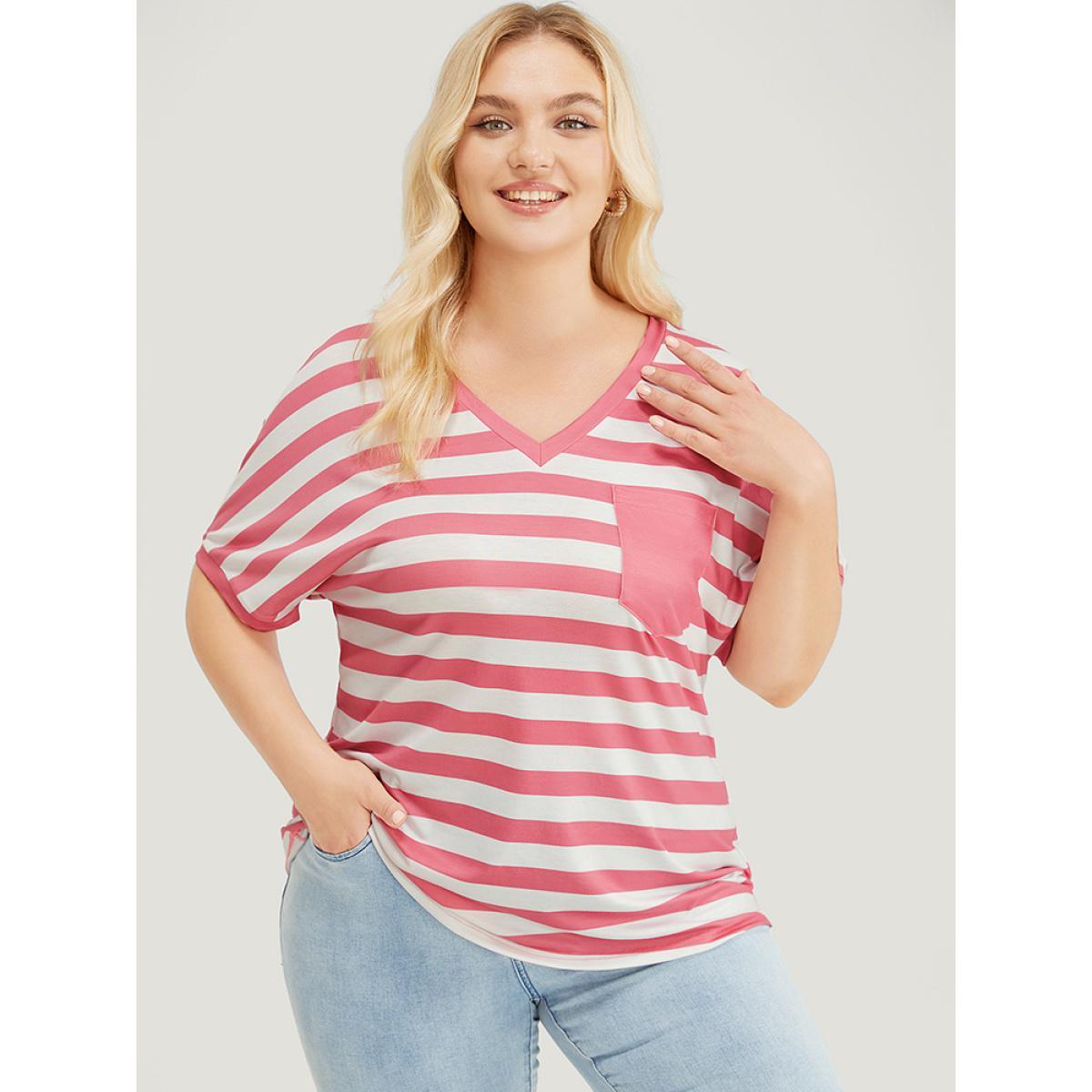 Plus Size Striped Contrast Pocket Batwing Sleeve T-shirt Rouge Women Casual Striped V-neck Dailywear T-shirts BloomChic 26/4X Product Image