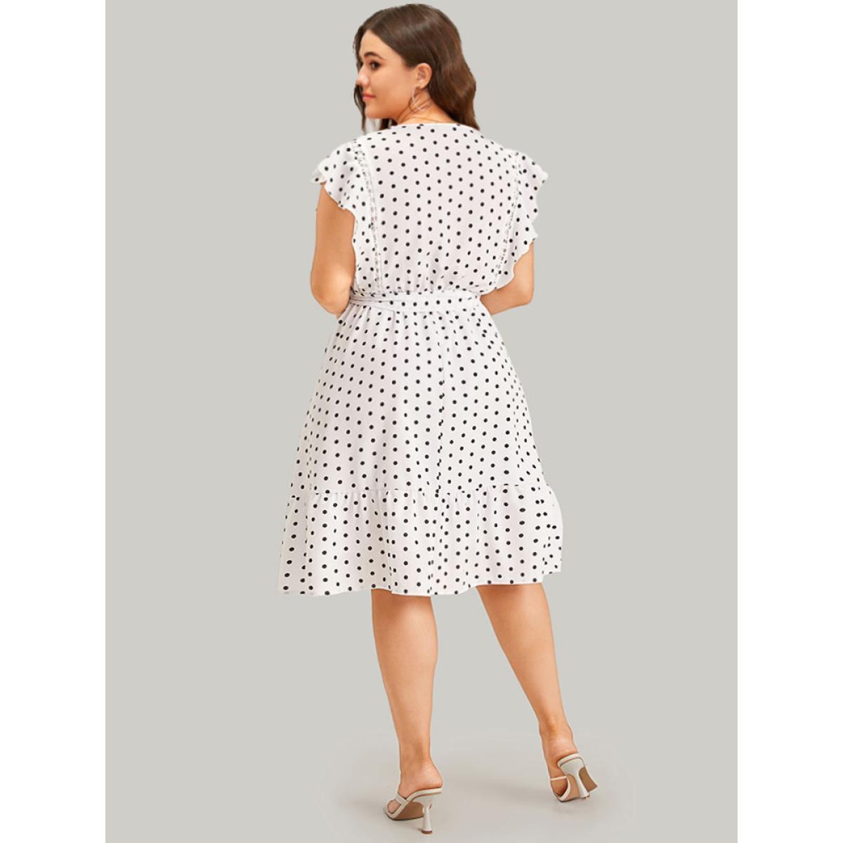 Plus Size Polka Dot Belted Pocket Ruffle Cap Sleeve Dress White Women Elegant Belted V-neck Cap Sleeve Curvy Knee Dress BloomChic 14-16/1X Product Image