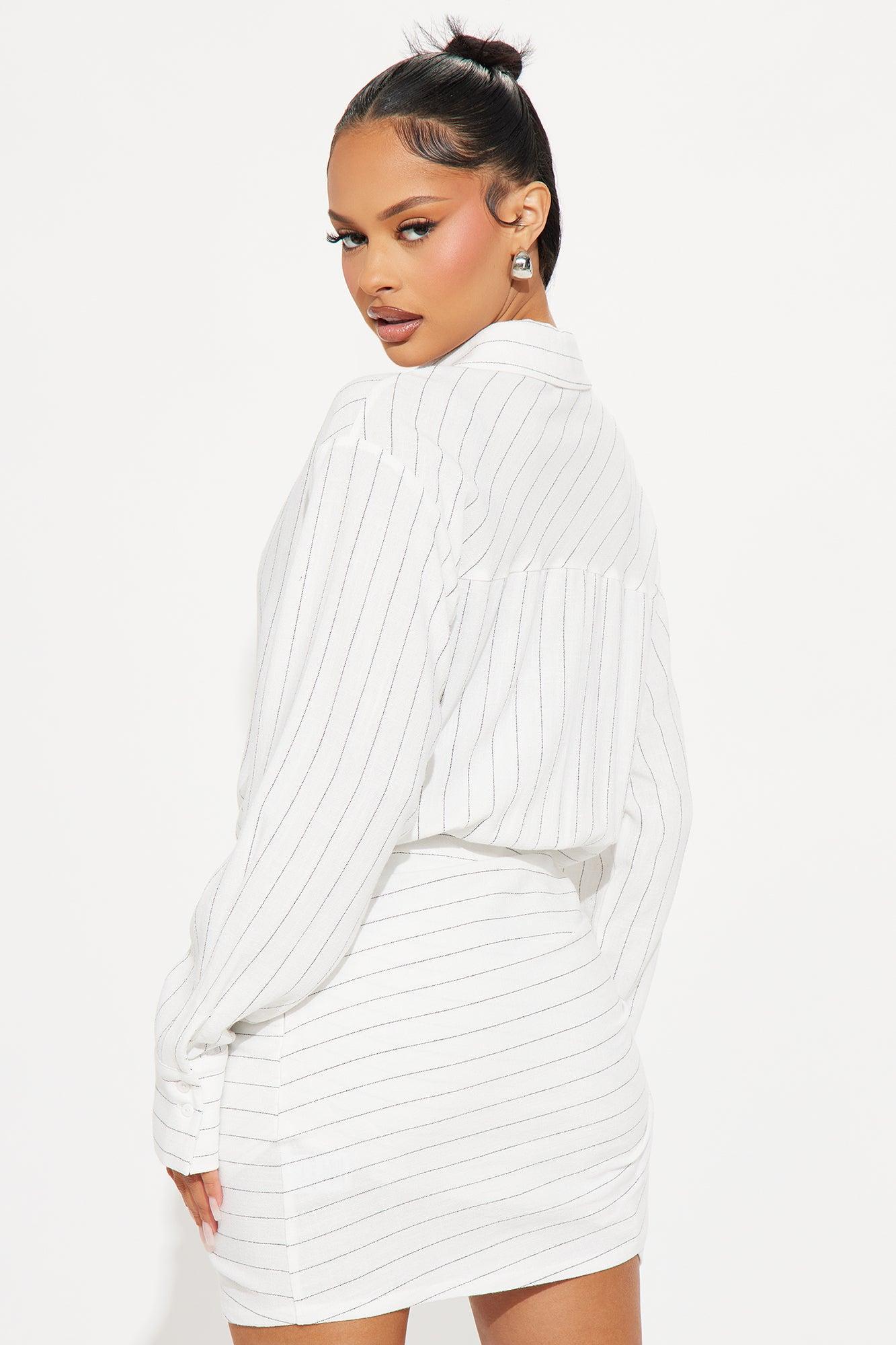 Call My Line Pinstripe Mini Shirt Dress - White Product Image